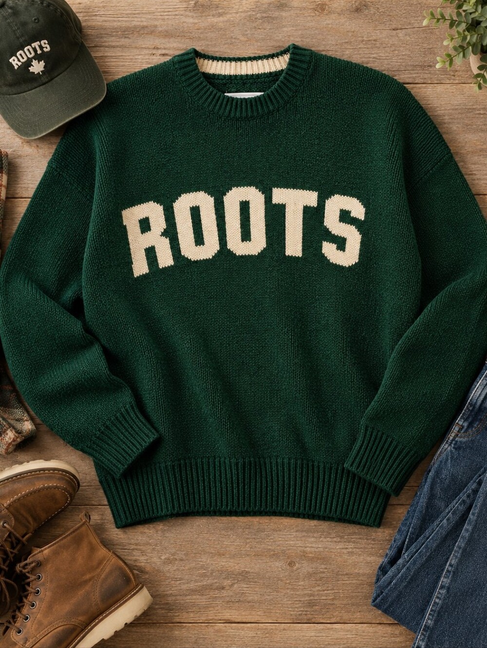 Roots Green & Cream Varsity Sweater Collegiate Preppy Pullover
